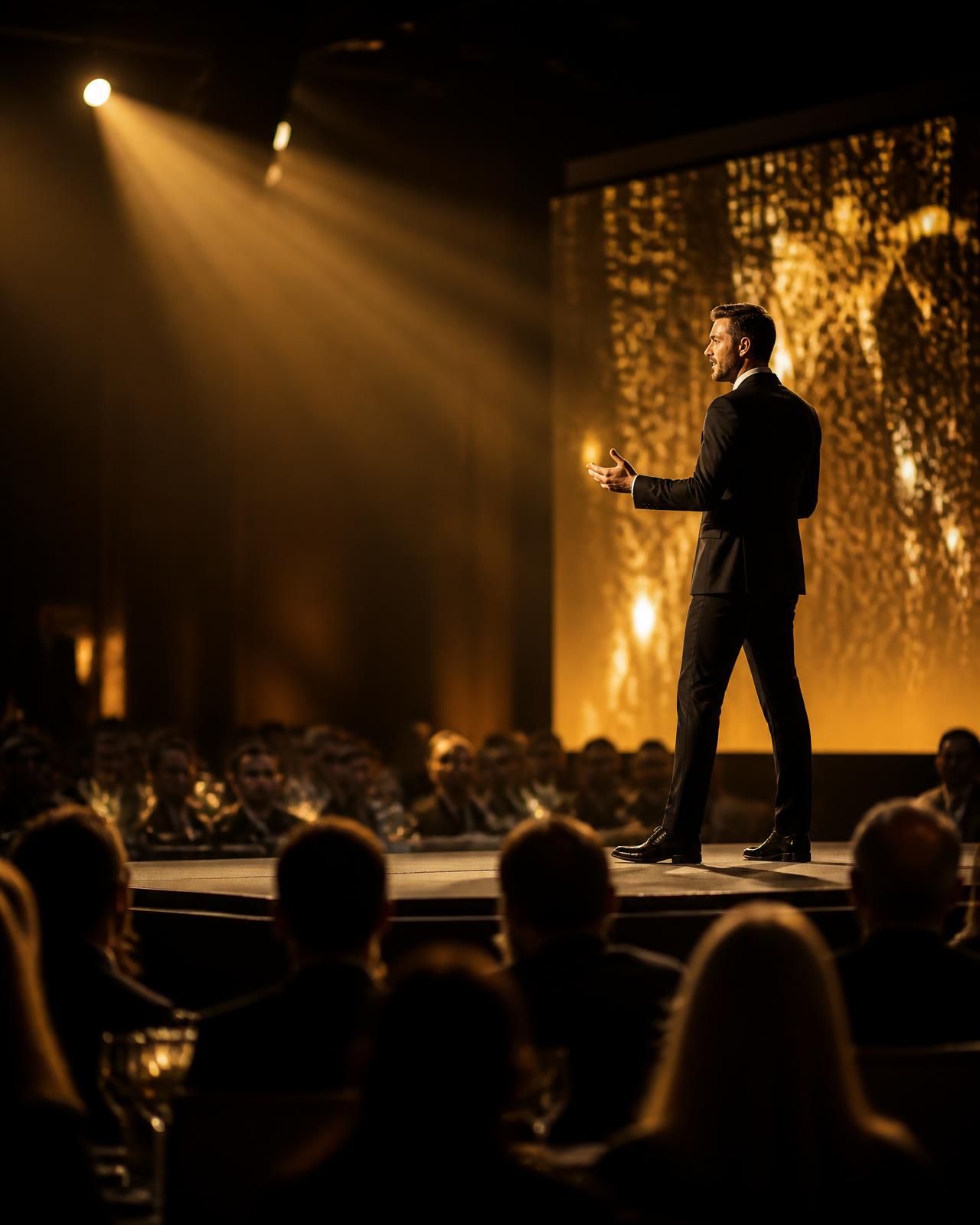 Palestrante em evento corporativo com plateia executiva